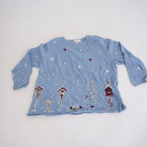 Vintage CJ Banks Blue Birdhouse Snowflake Christmas Tree Knit Sweater Cabin 2X